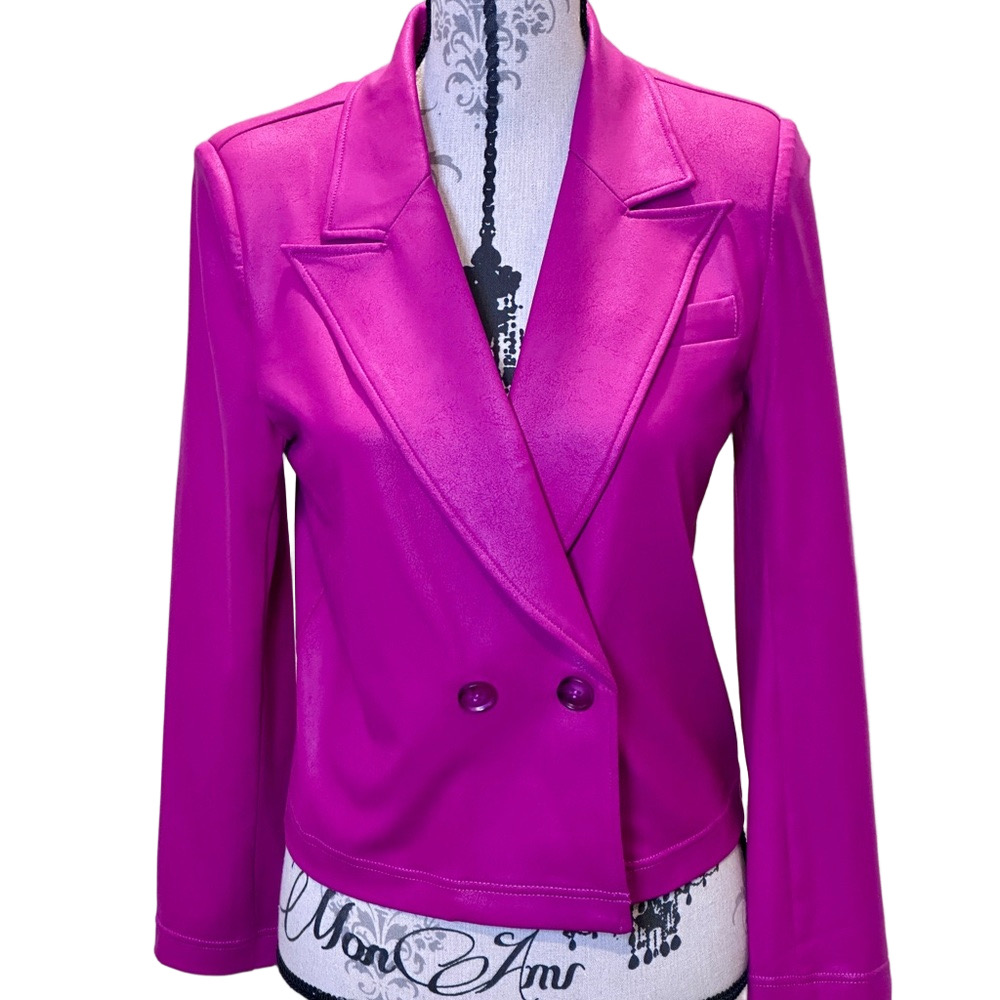 XS Clara SUNWOO "Liquid Leather" Stretch Magenta Cropped Tuxedo Blazer, Like new